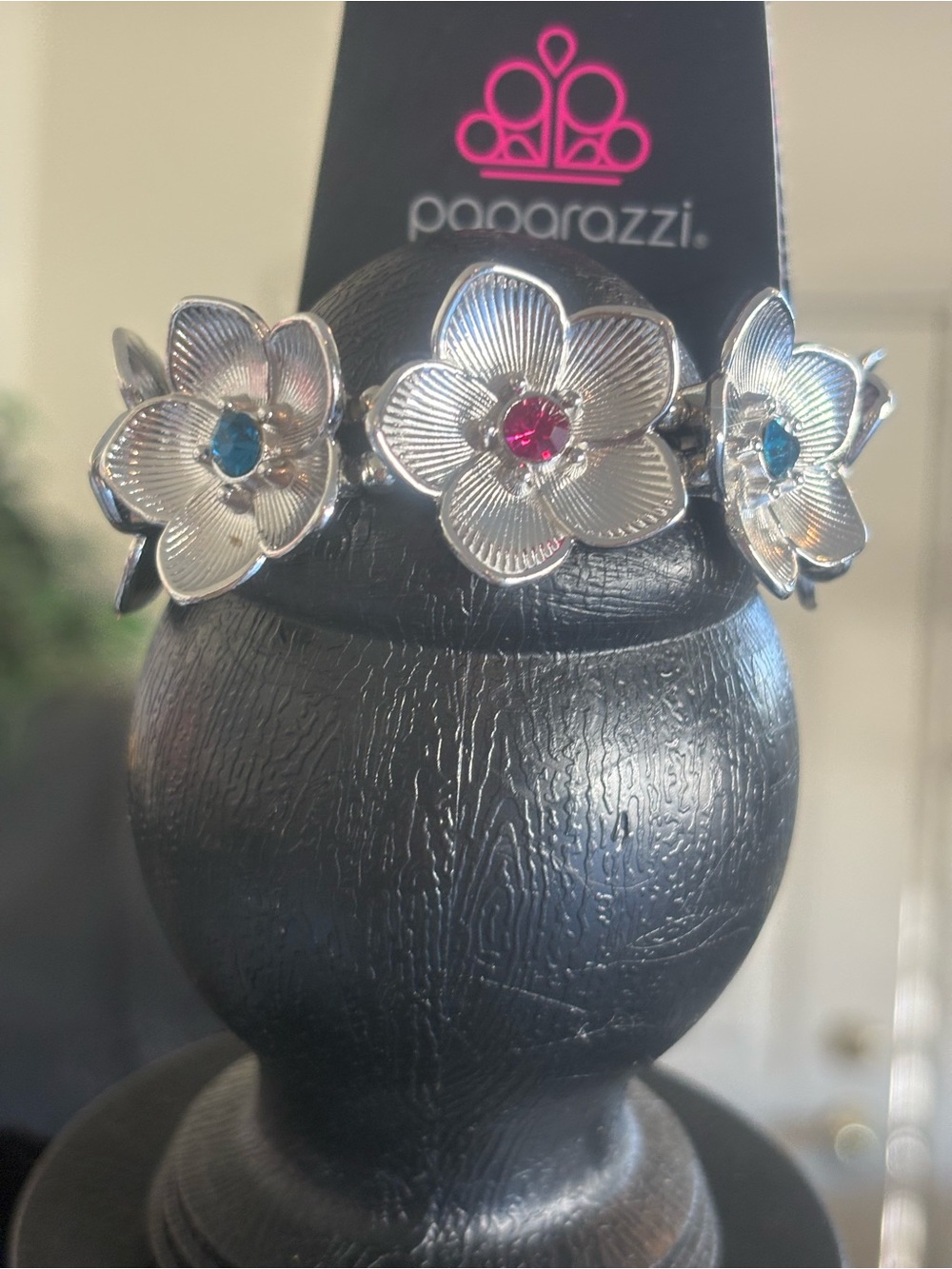 Paparazzi Silver Floral Bracelet with Pink and Blue Stones